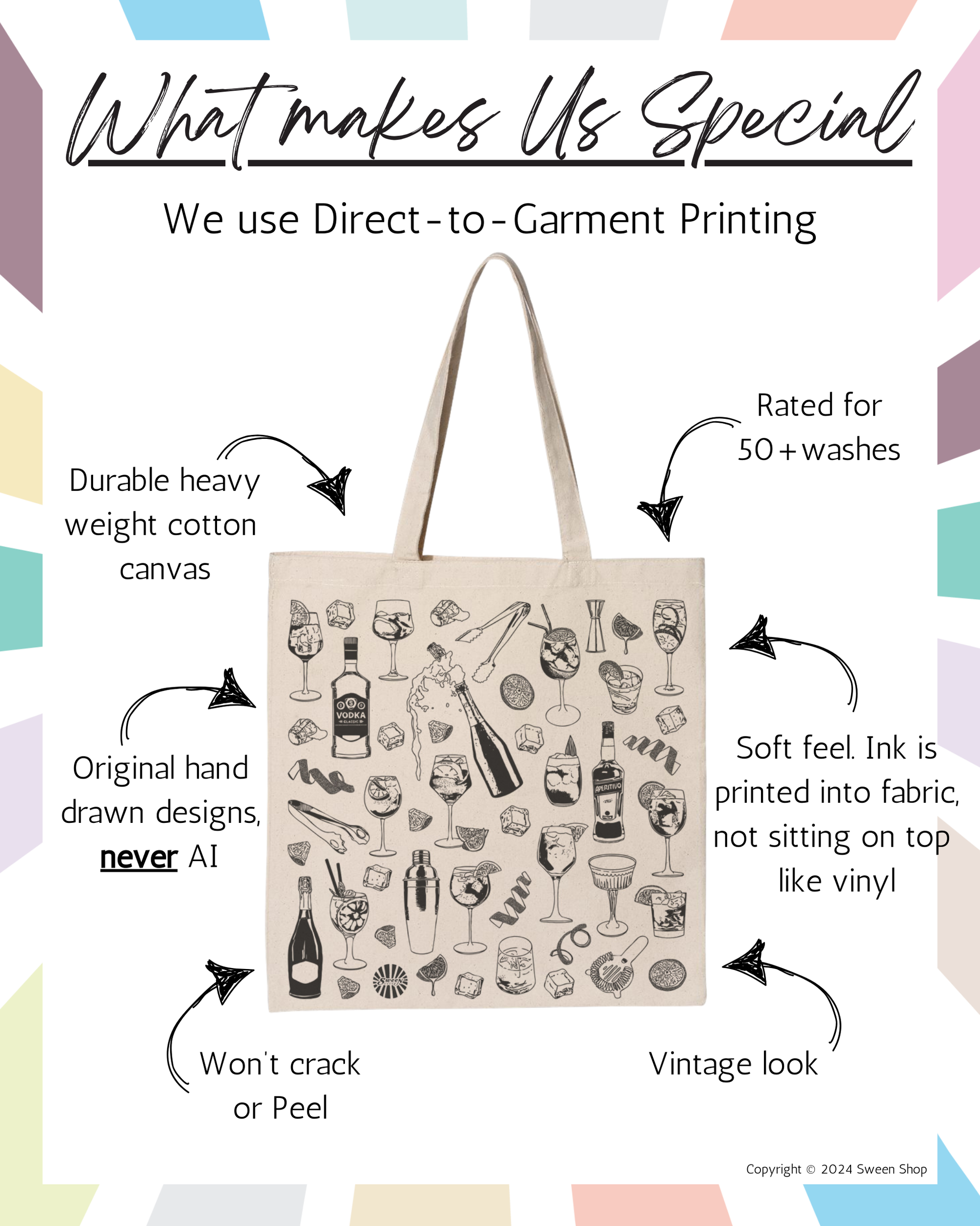 Tote bag with drink-themed design on a colorful background with text about product features.