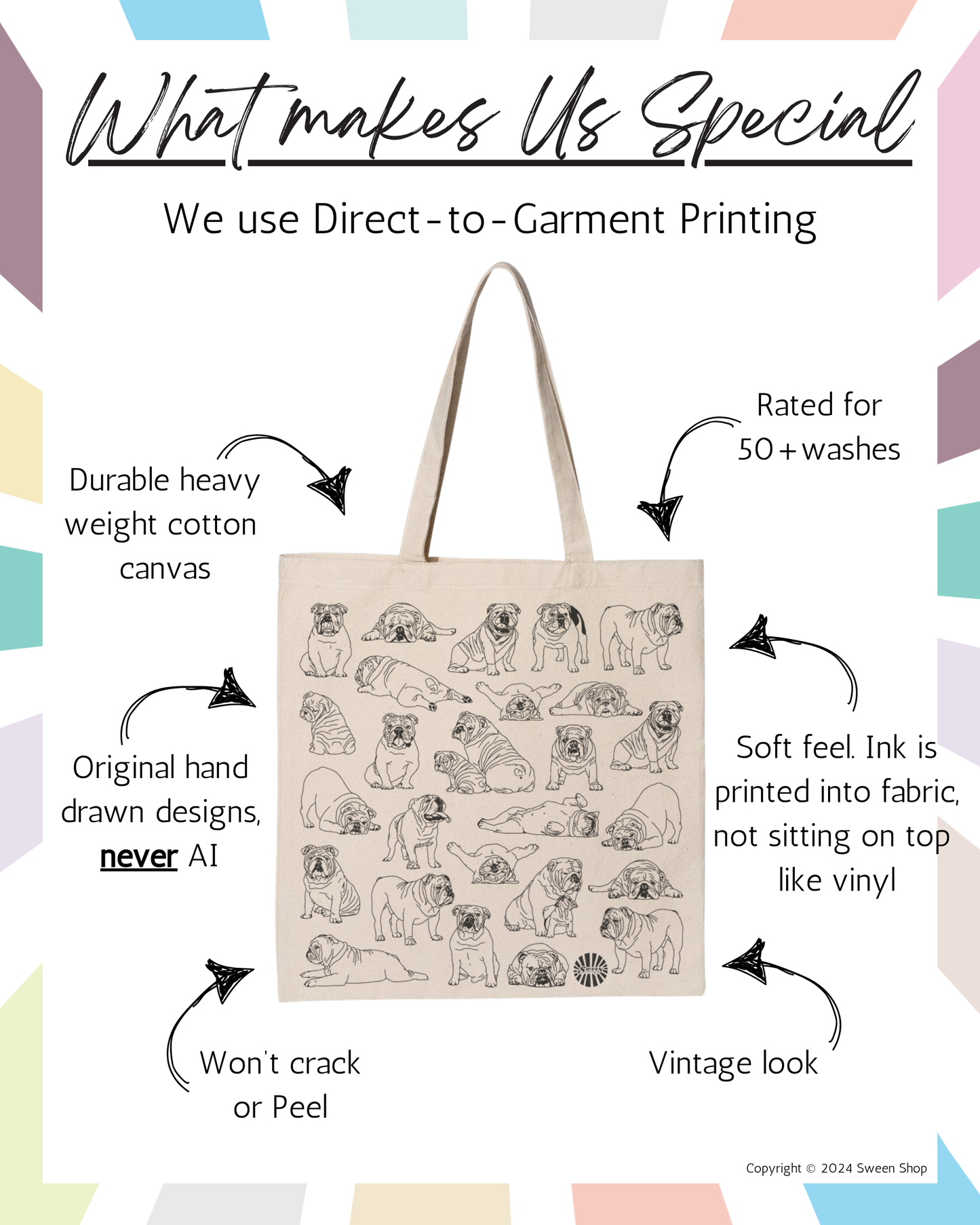 Bulldog Tote Bag - 100% Cotton Canvas Reusable Shopping Bag