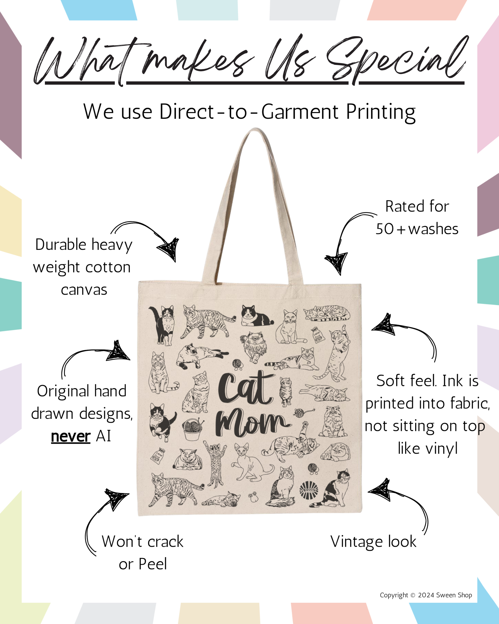 Beige tote bag with cat-themed design and text on a colorful background