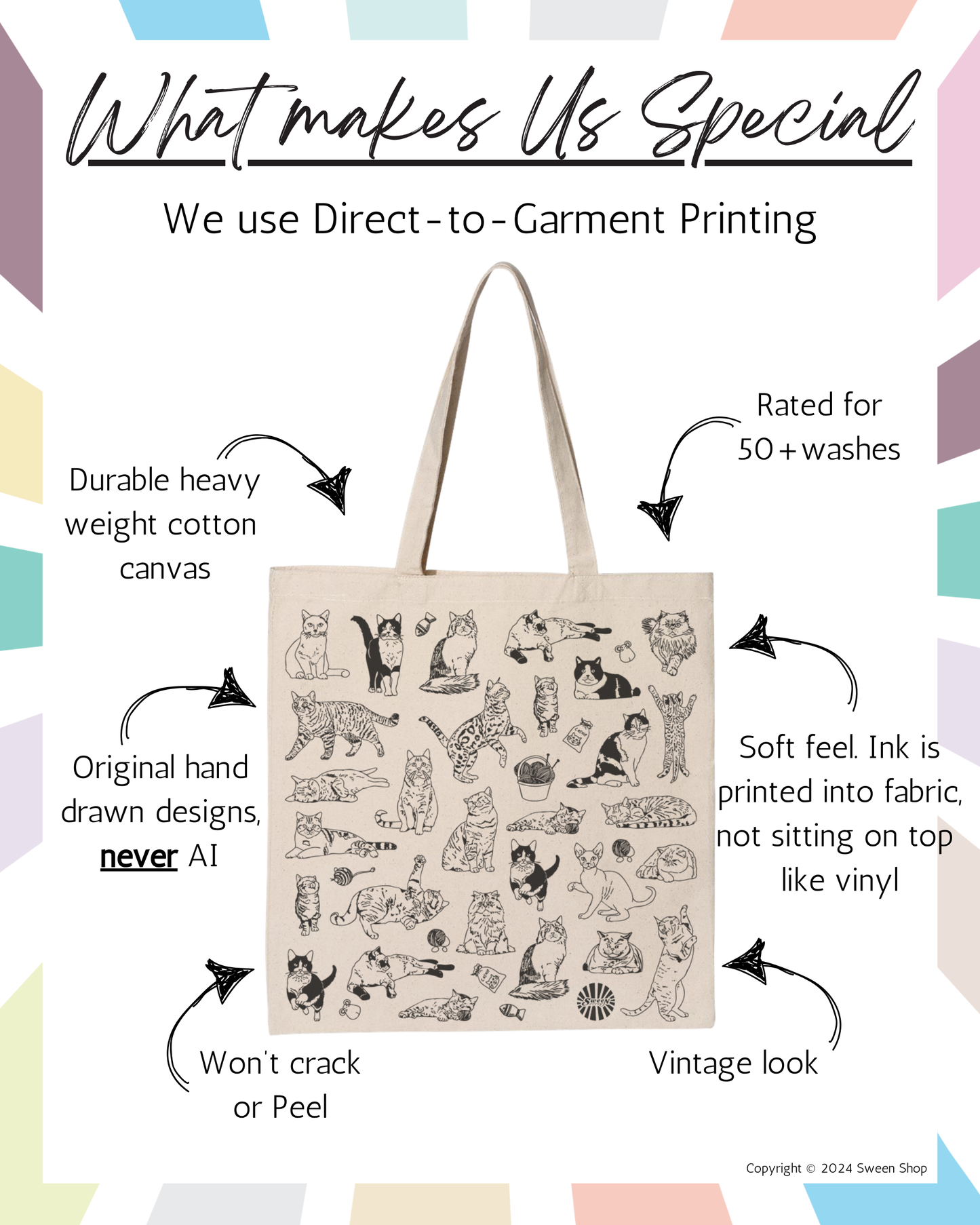 Cat Tote Bag - 100% Cotton Canvas Reusable Shopping Bag