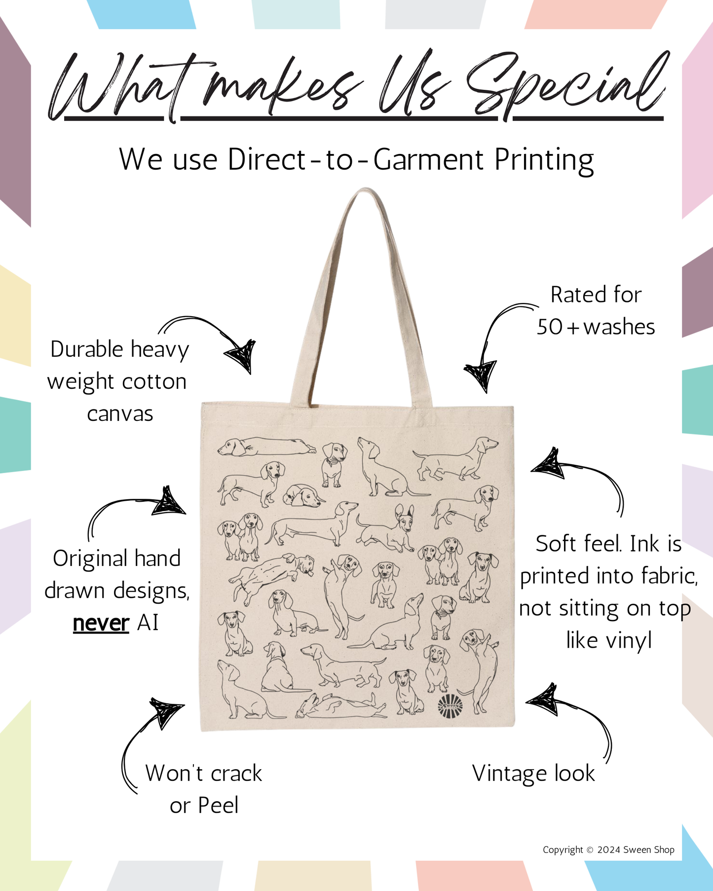 Dachshund Tote Bag - 100% Cotton Canvas Reusable Shopping Bag