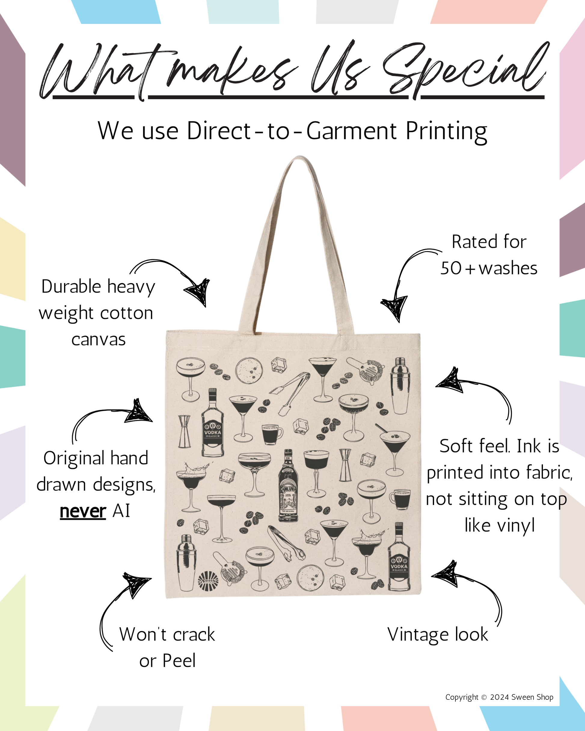 Tote bag with drink-themed design on a colorful background with text about product features.