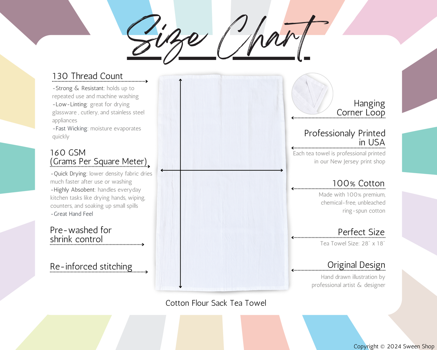 Size chart for a cotton flour sack tea towel with specifications on a colorful geometric background.