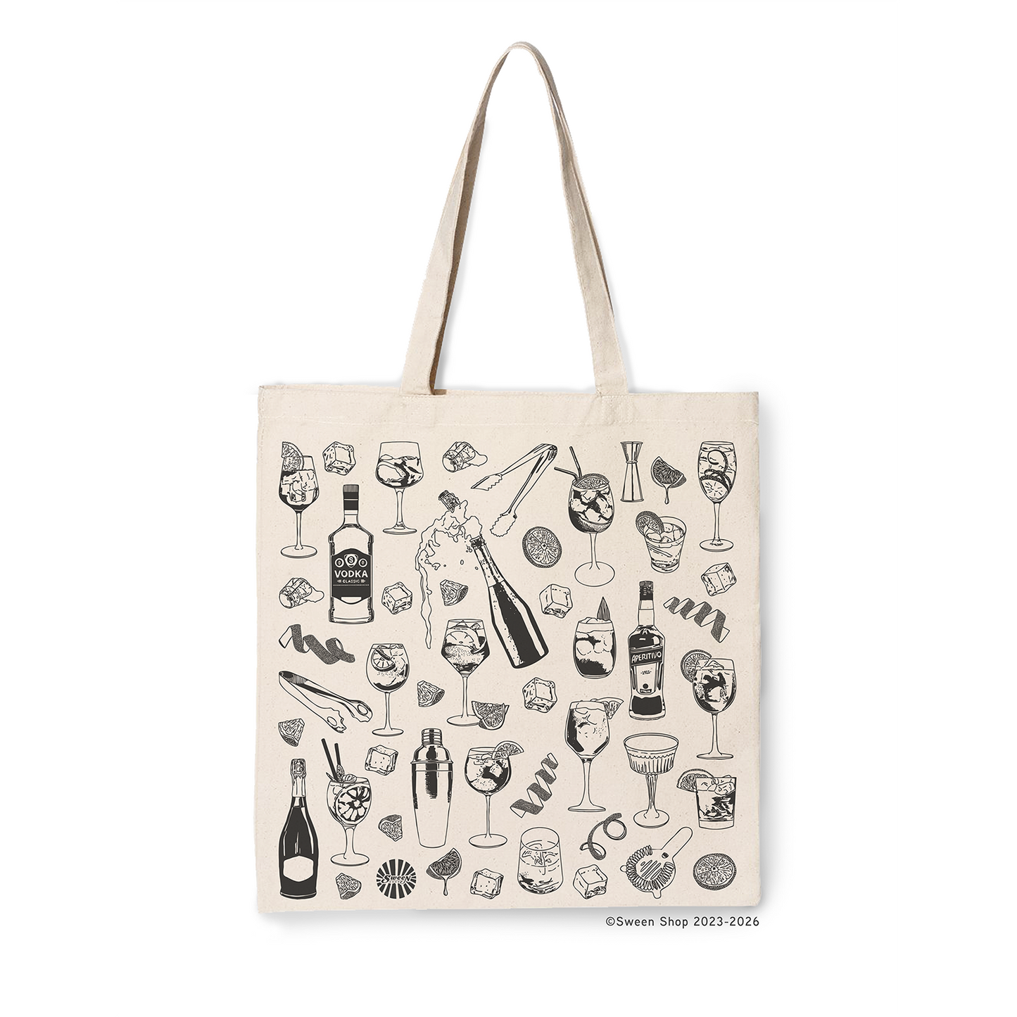 Natural color Cotton Canvas tote bag with black hand drawn illustrations of Aperol Spritz cocktail drinks and bar tools on a white background