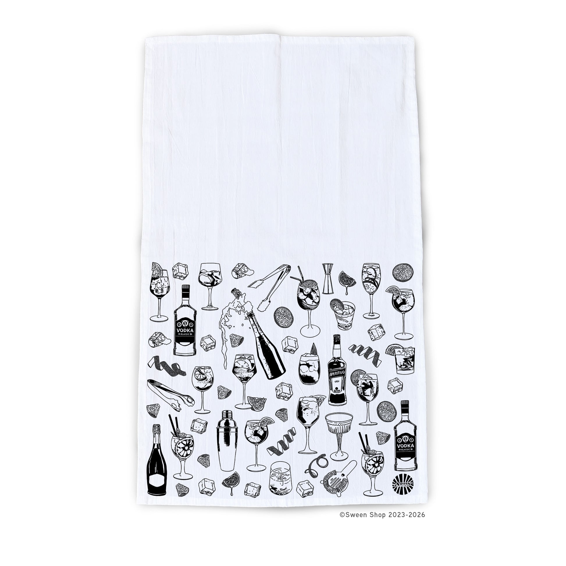 White towel with black aperol spritz cocktail-themed illustrations on a white background