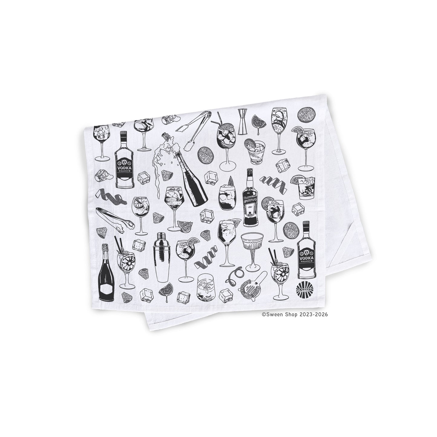 Folded Cotton kitchen towel with black aperol spritz cocktail illustrations on a white background