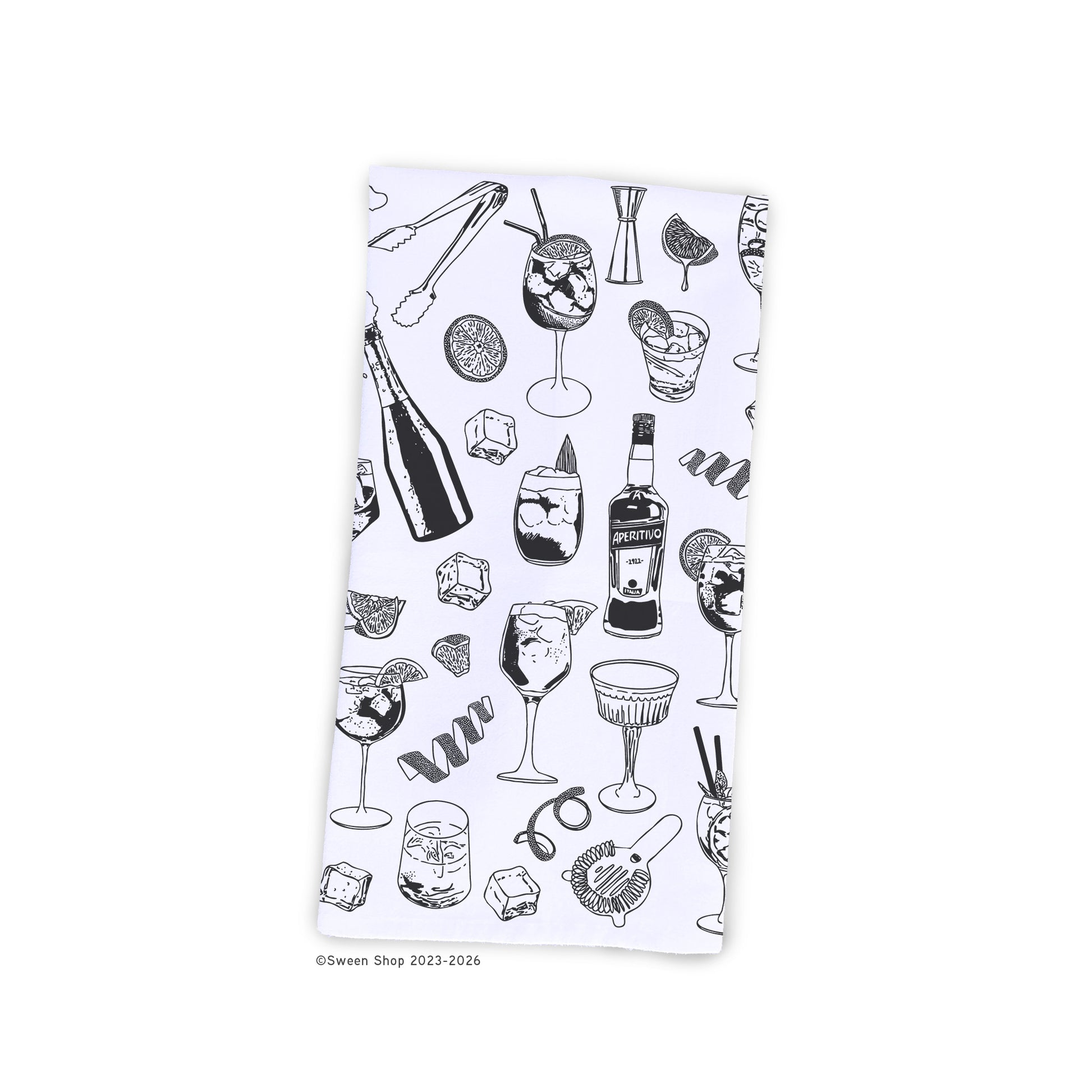 Folded kitchen towel with black printed aperol spritz cocktail illustrations on a white background