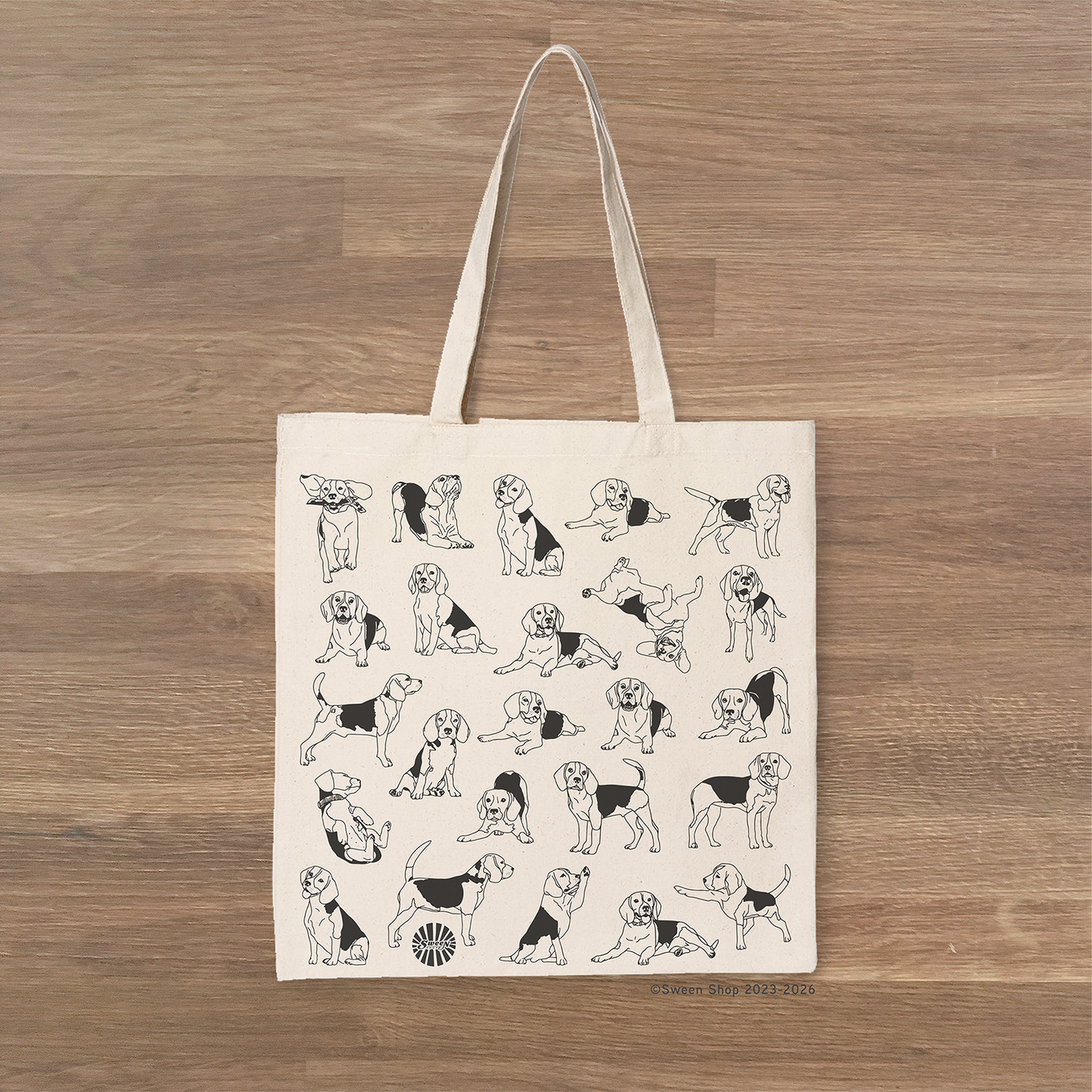 natural cotton canvas Tote bag with pet beagle dog illustrations on a wooden surface