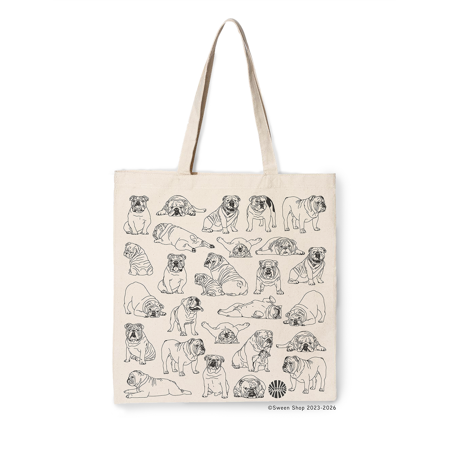 natural cotton canvas Tote bag with black line drawing illustrations of pet bulldog dogs on a beige background