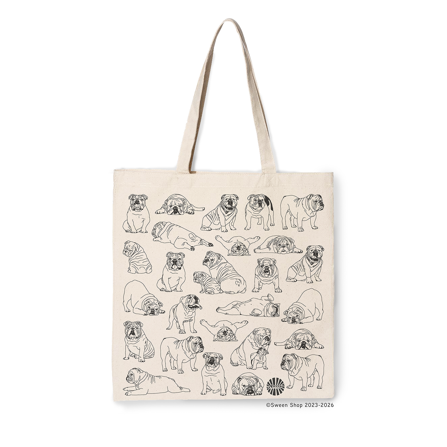 natural cotton canvas Tote bag with black line drawing illustrations of pet bulldog dogs on a beige background