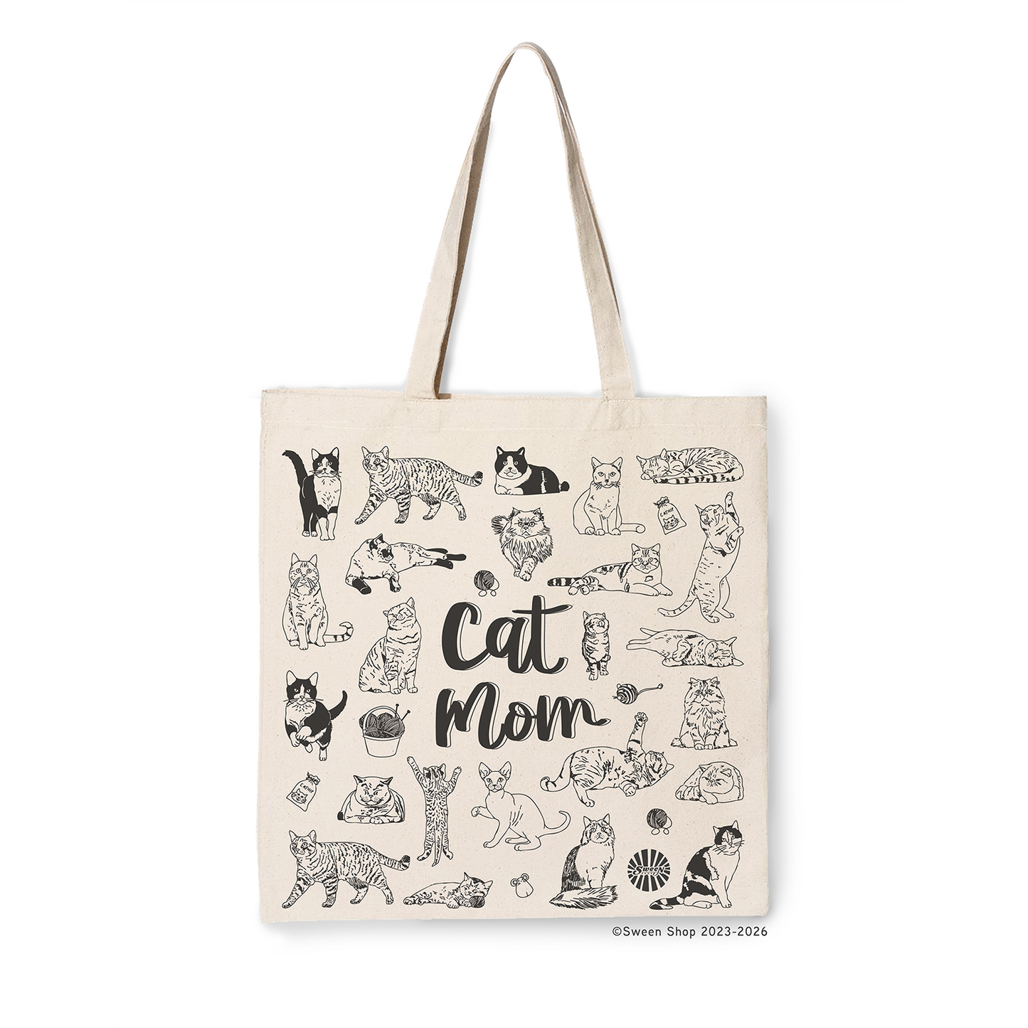 natural cotton canvas Tote bag with cat-themed design and 'Cat Mom' text on a white background