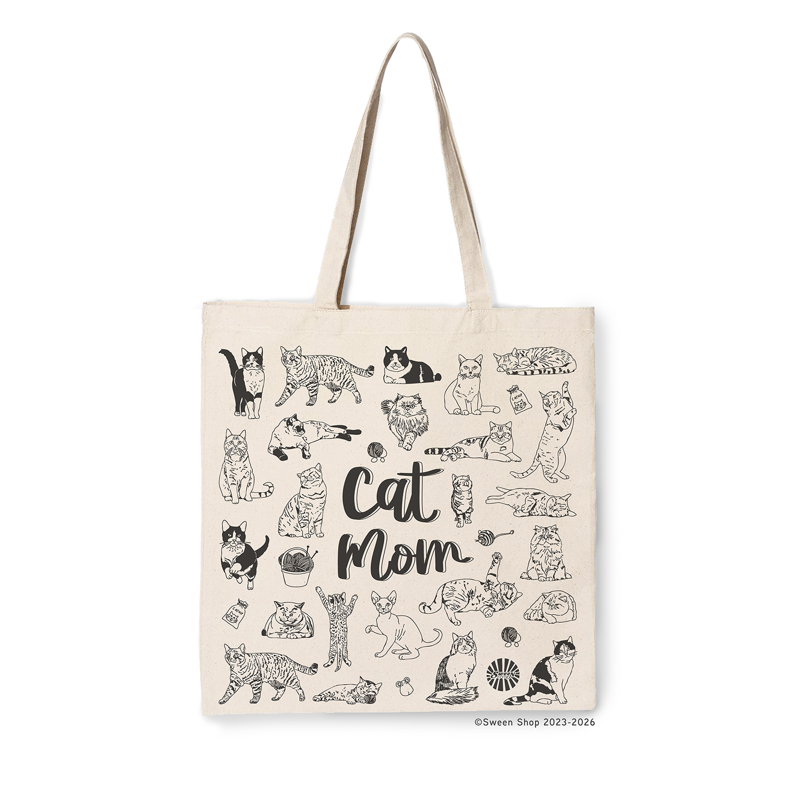 natural cotton canvas Tote bag with cat-themed design and 'Cat Mom' text on a white background
