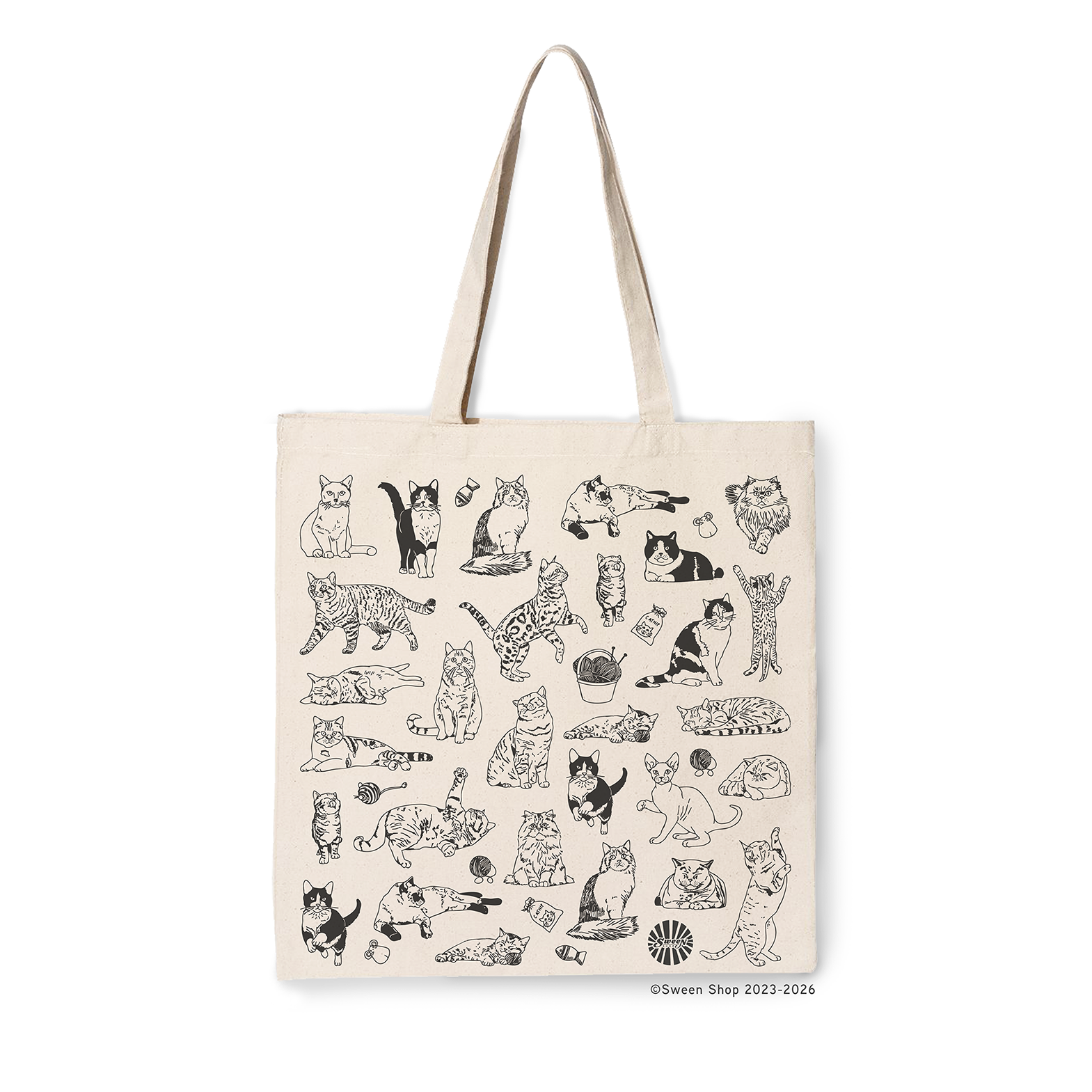 natural cotton canvas tote bag with black pet kitty cat illustrations on a white background