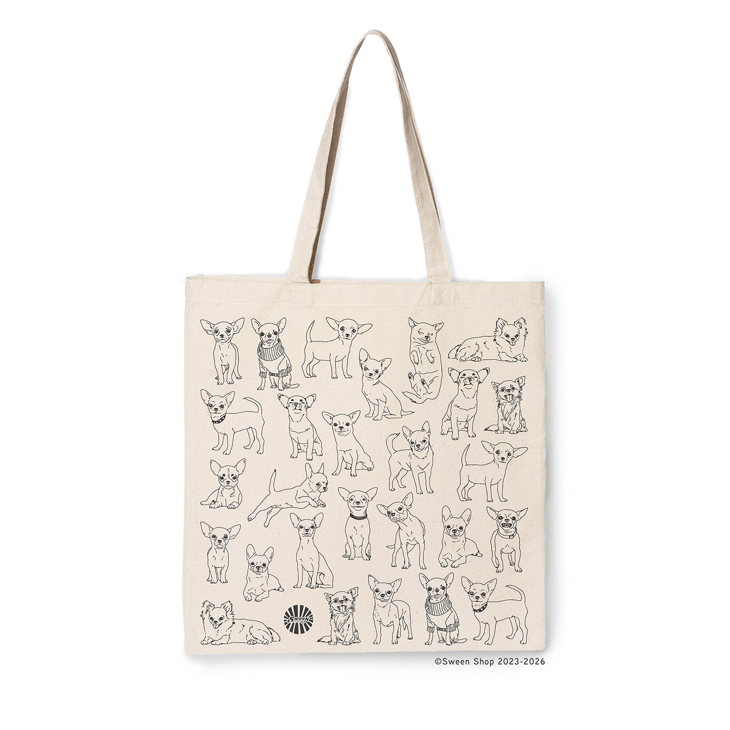 Natural cotton canvas tote bag with chihuahua pet dog illustrations on a white background