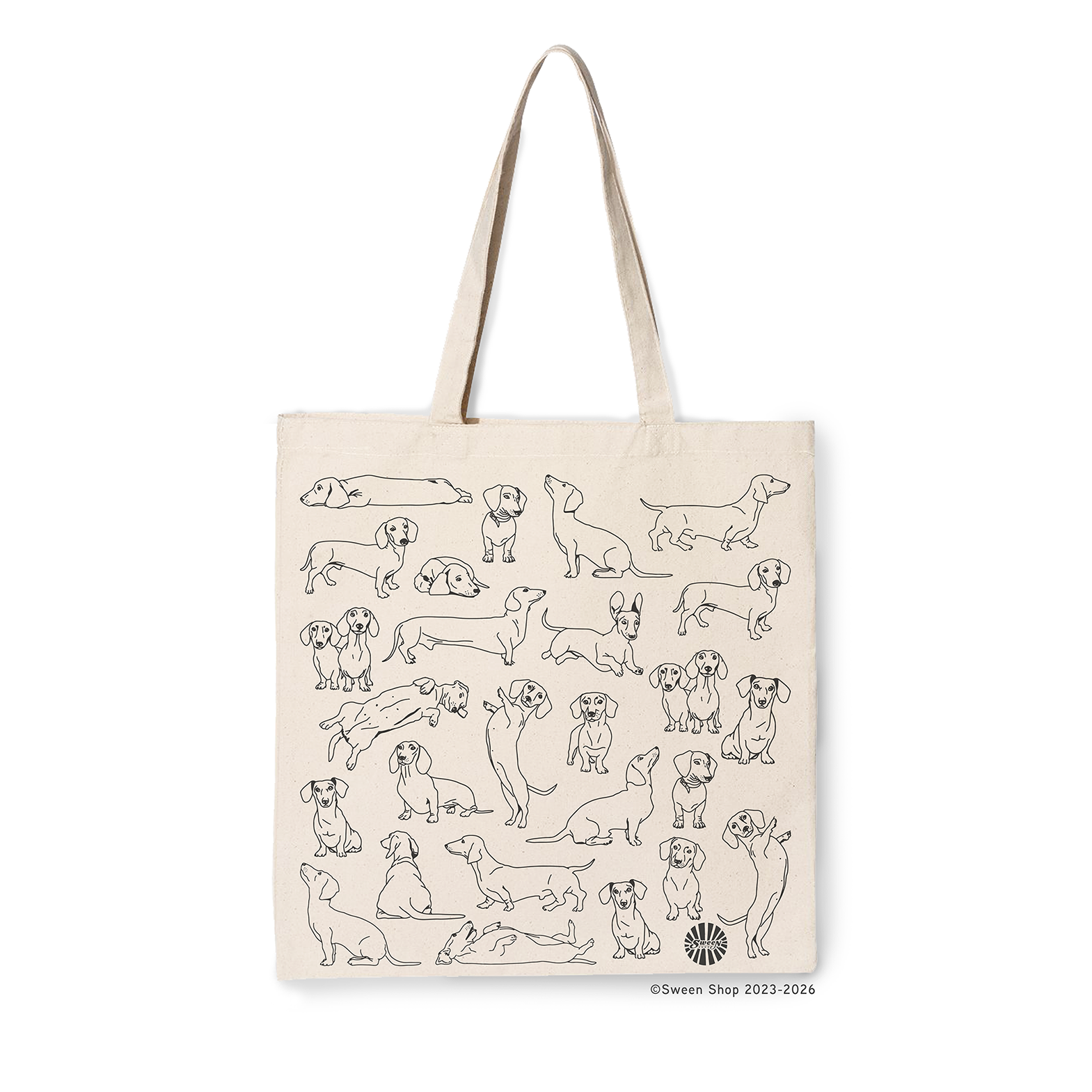 natural cotton canvas Tote bag with illustrations of dachshund pet dogs on a white background