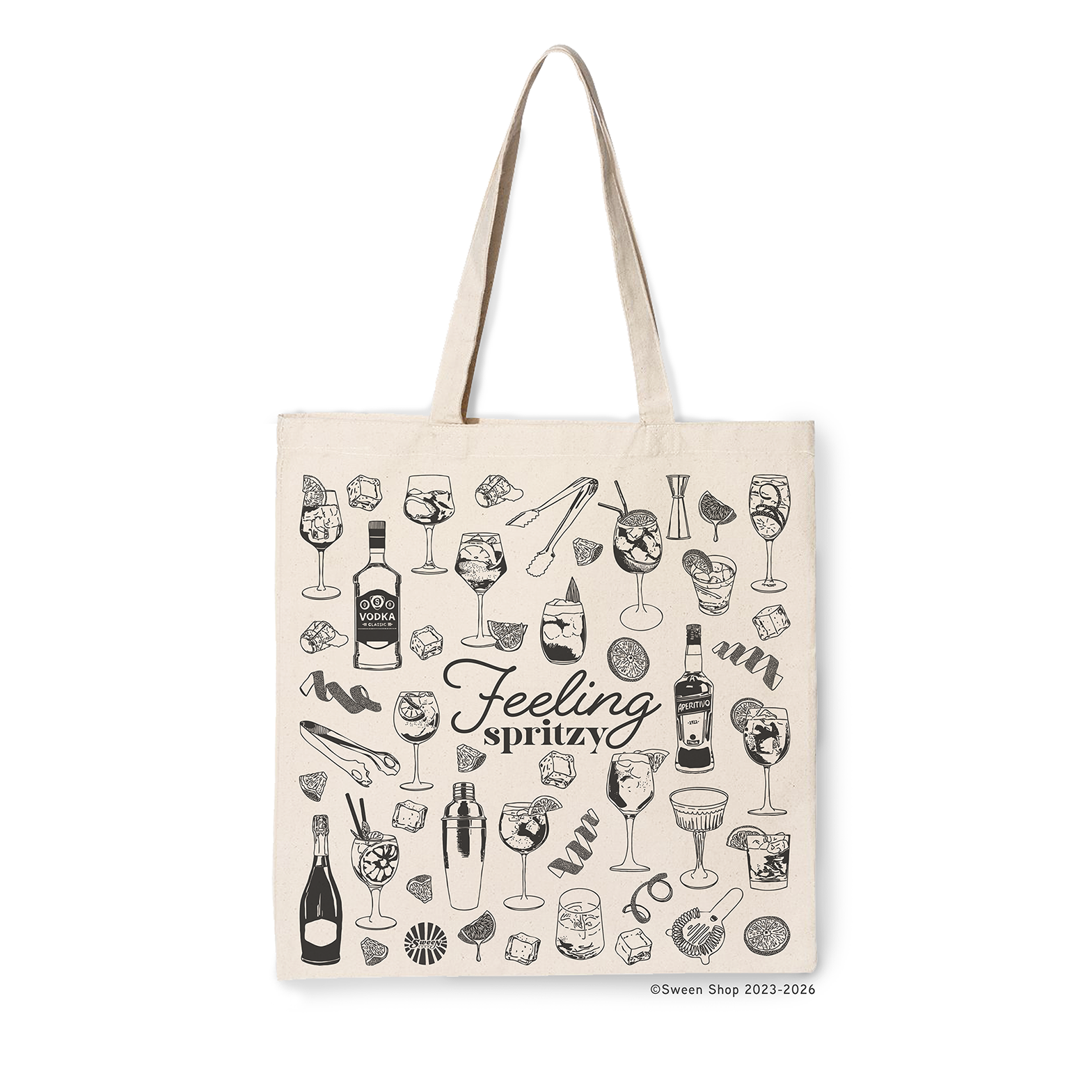 natural cotton canvas Tote bag with aperol spritz cocktail drink-themed design and 'Feeling spritz' text on a white background