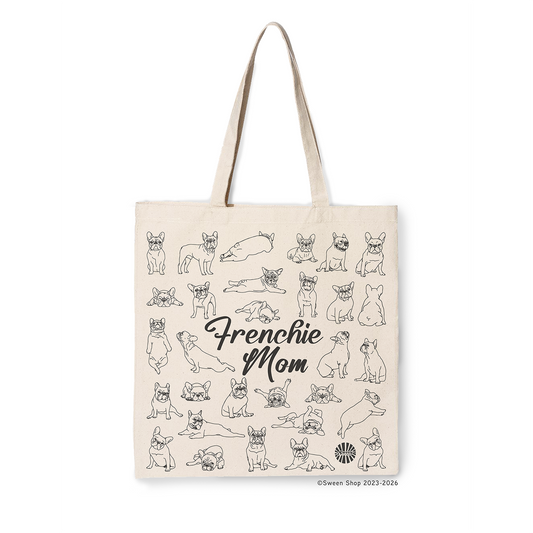 natural cotton canvas Tote bag with 'Frenchie Mom' text and illustrations of French Bulldogs on a white background