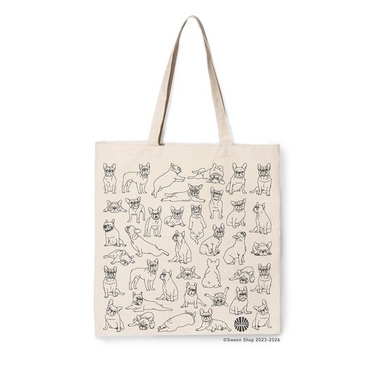 Beige cotton canvas tote bag with black line drawings of frenchie french bulldog pet dogs on a white background