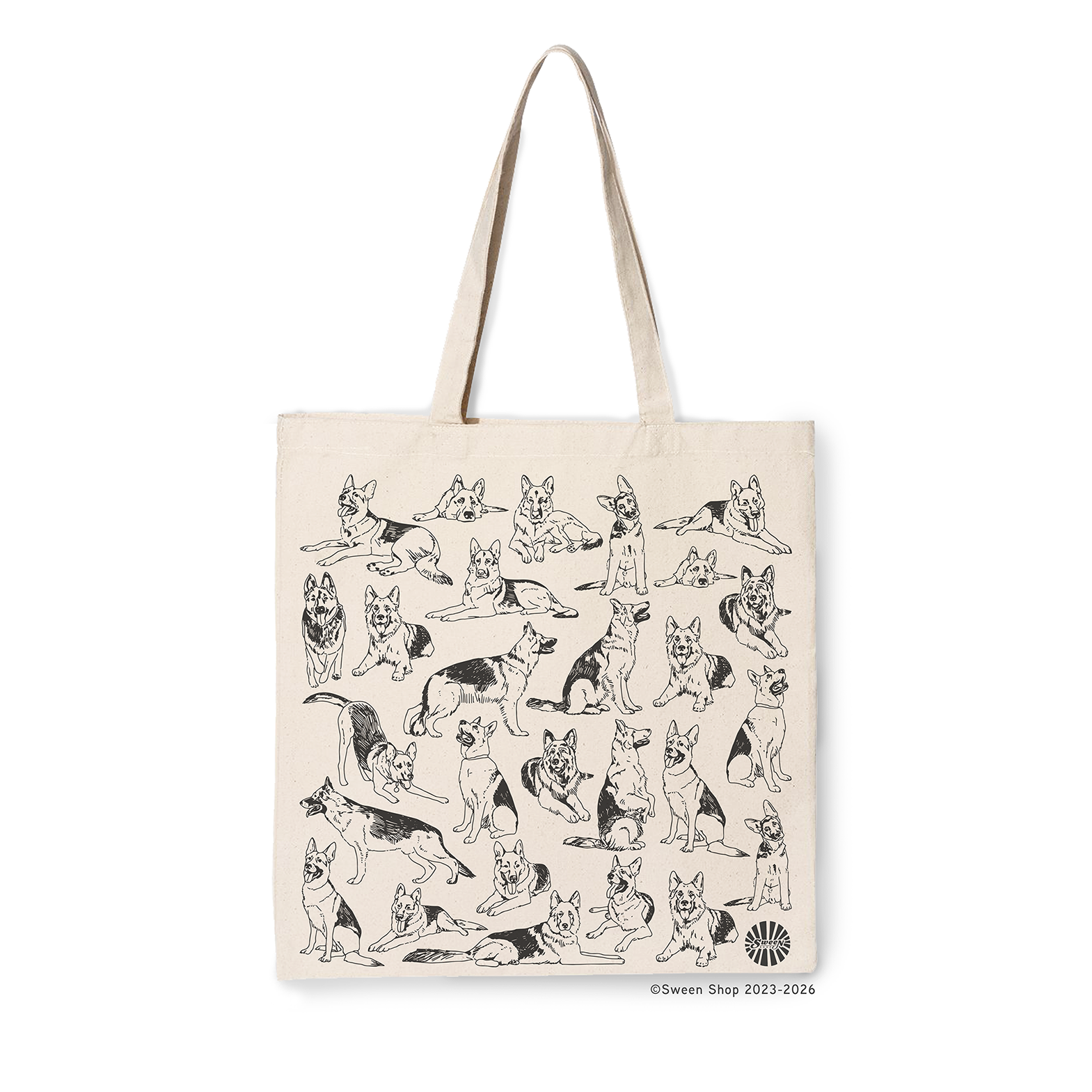 natural cotton canvas Tote bag with german shepherd pet dog illustrations on a beige background