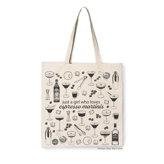 Tote bag with espresso martini cocktail-themed design and text on a white background