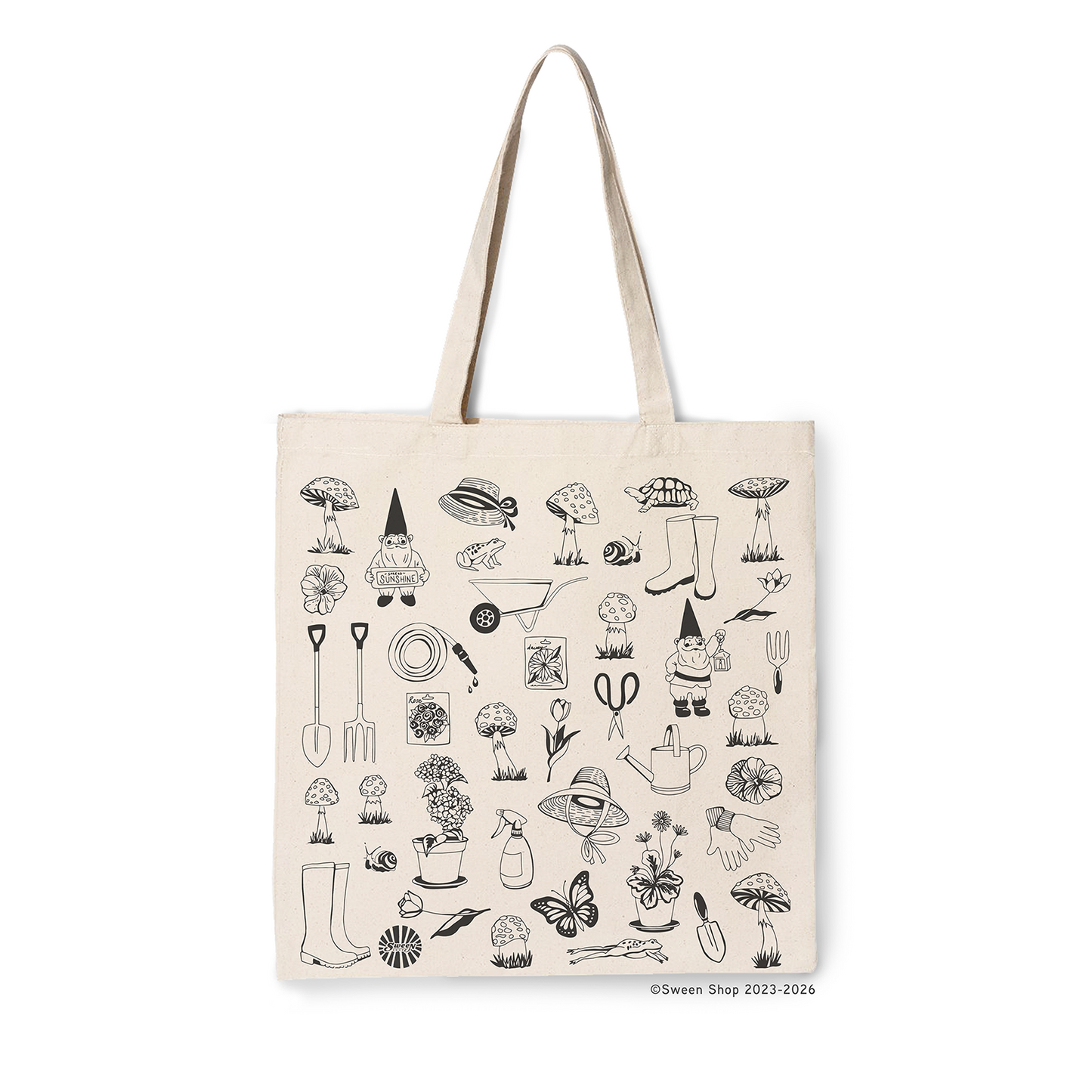 natural cotton canvas Tote bag with black garden themed line art designs on a white background