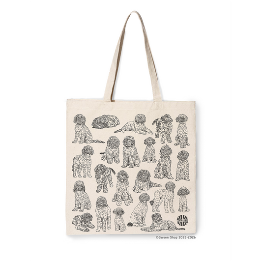 Beige cotton canvas tote bag with golden doodle pet dog illustrations on a white background