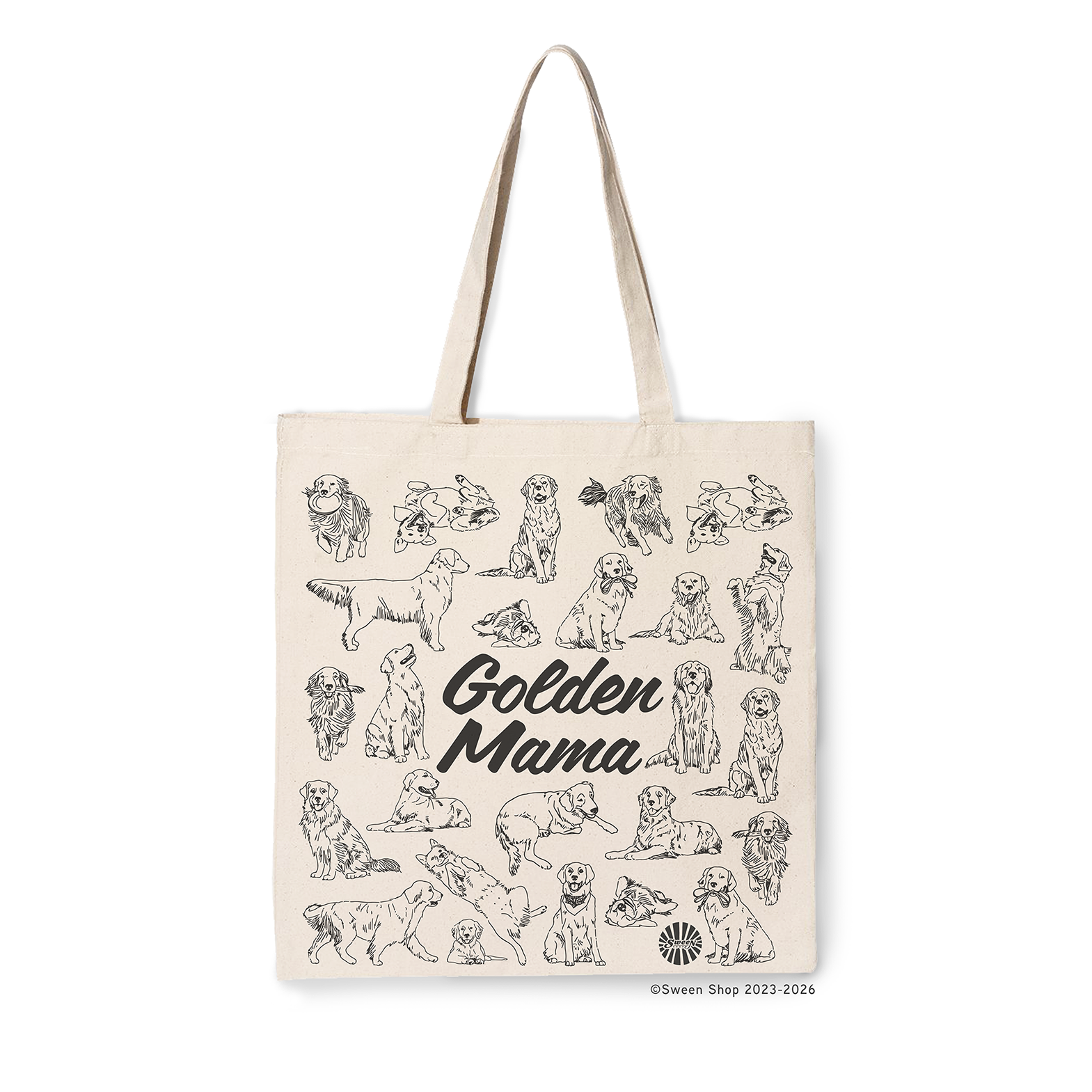 natural cotton canvas Tote bag with 'Golden Mama' text and golden retriever illustrations on a white background