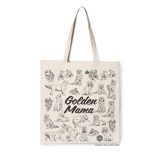 natural cotton canvas Tote bag with 'Golden Mama' text and golden retriever illustrations on a white background