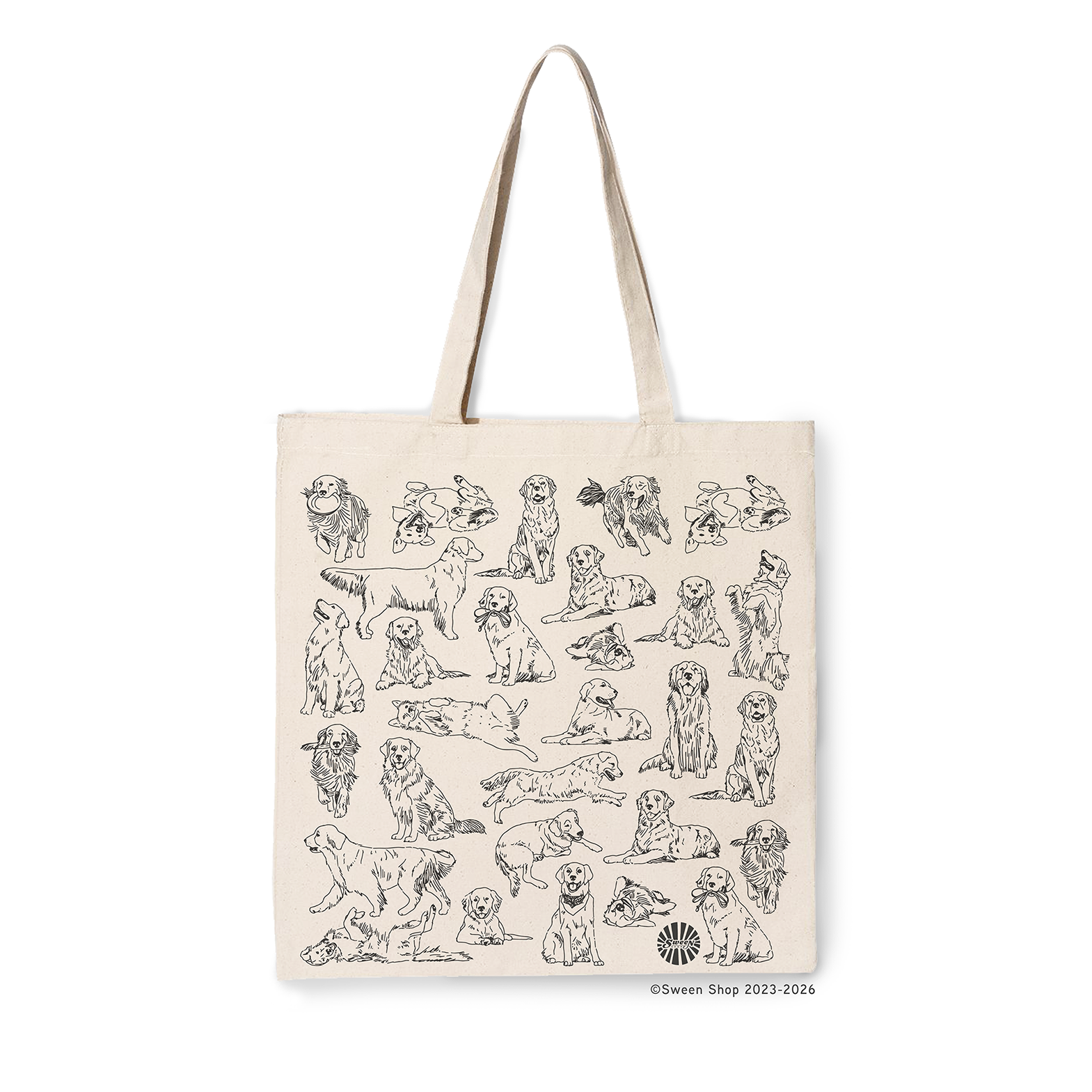 natural cotton canvas Tote bag with black line drawings of golden retriever pet dogs on a white background