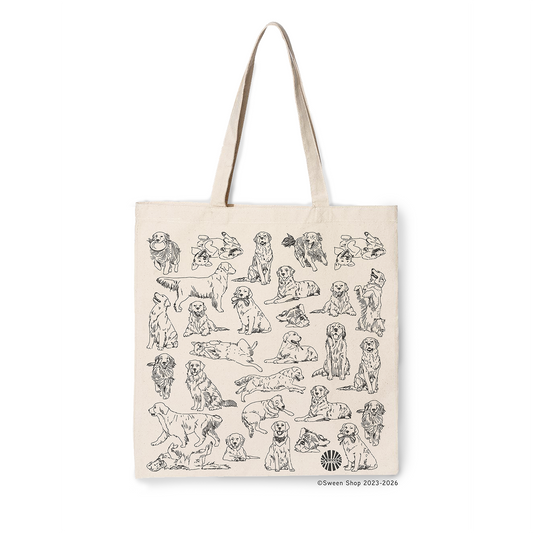 natural cotton canvas Tote bag with black line drawings of golden retriever pet dogs on a white background