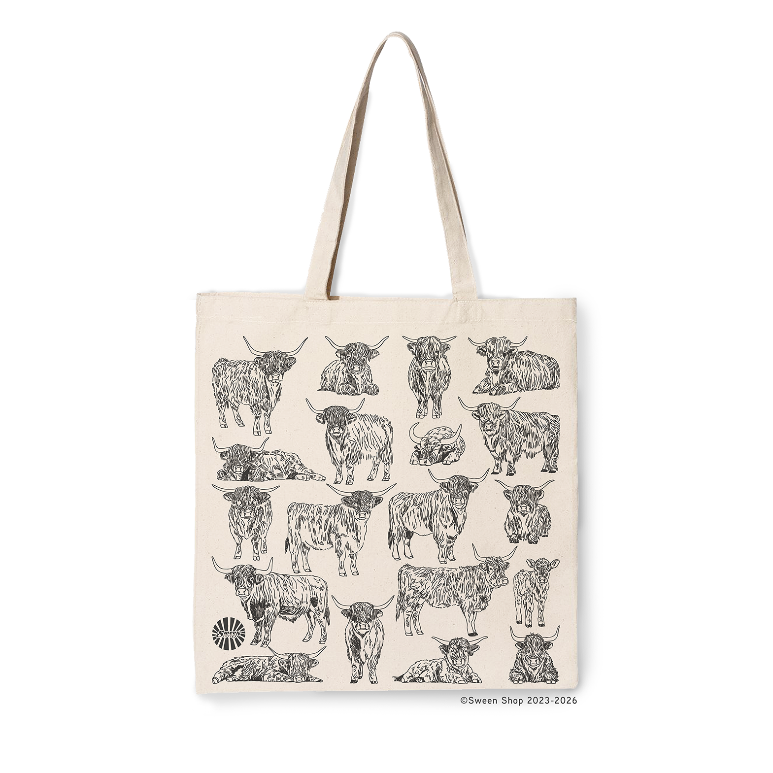 natural cotton canvas tote bag with black line drawing of highland cow illustrations on a white background