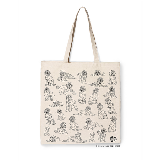 natural cotton canvas Tote bag with black and white illustrations of labradoodle pet dogs on a beige background