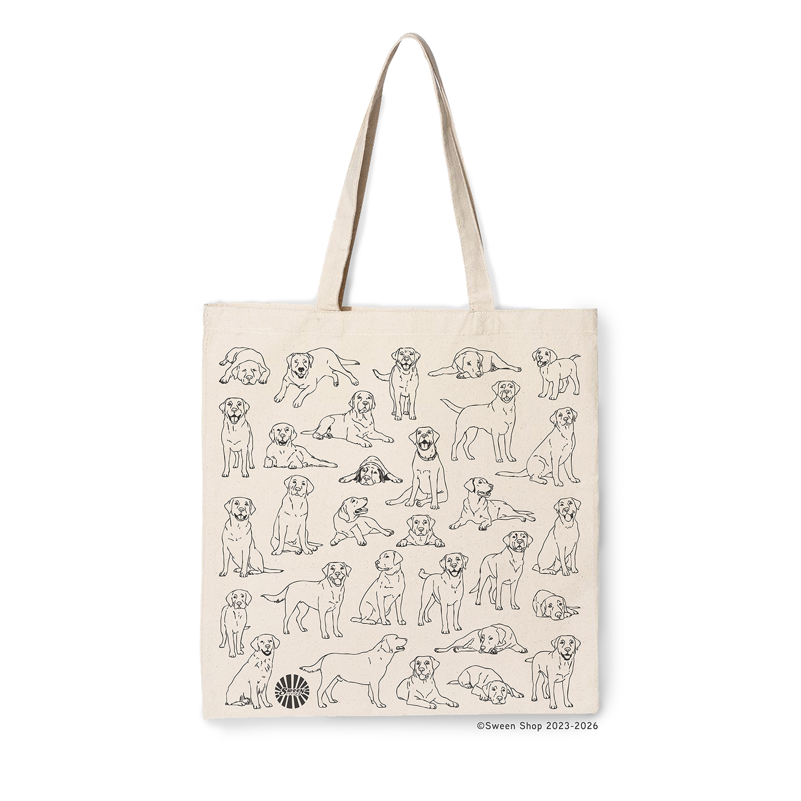 natural cotton camvas tote bag with black line drawings of labrador pet dogs on a white background