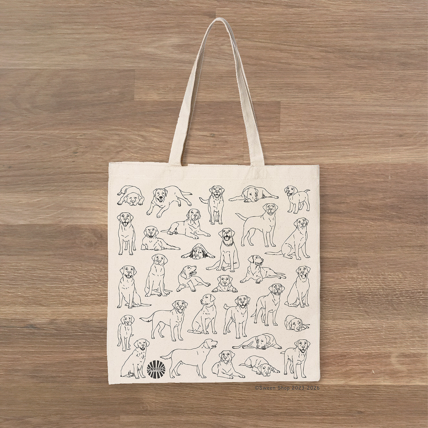 natural cotton camvas Tote bag with labrador pet dog illustrations on a wooden surface