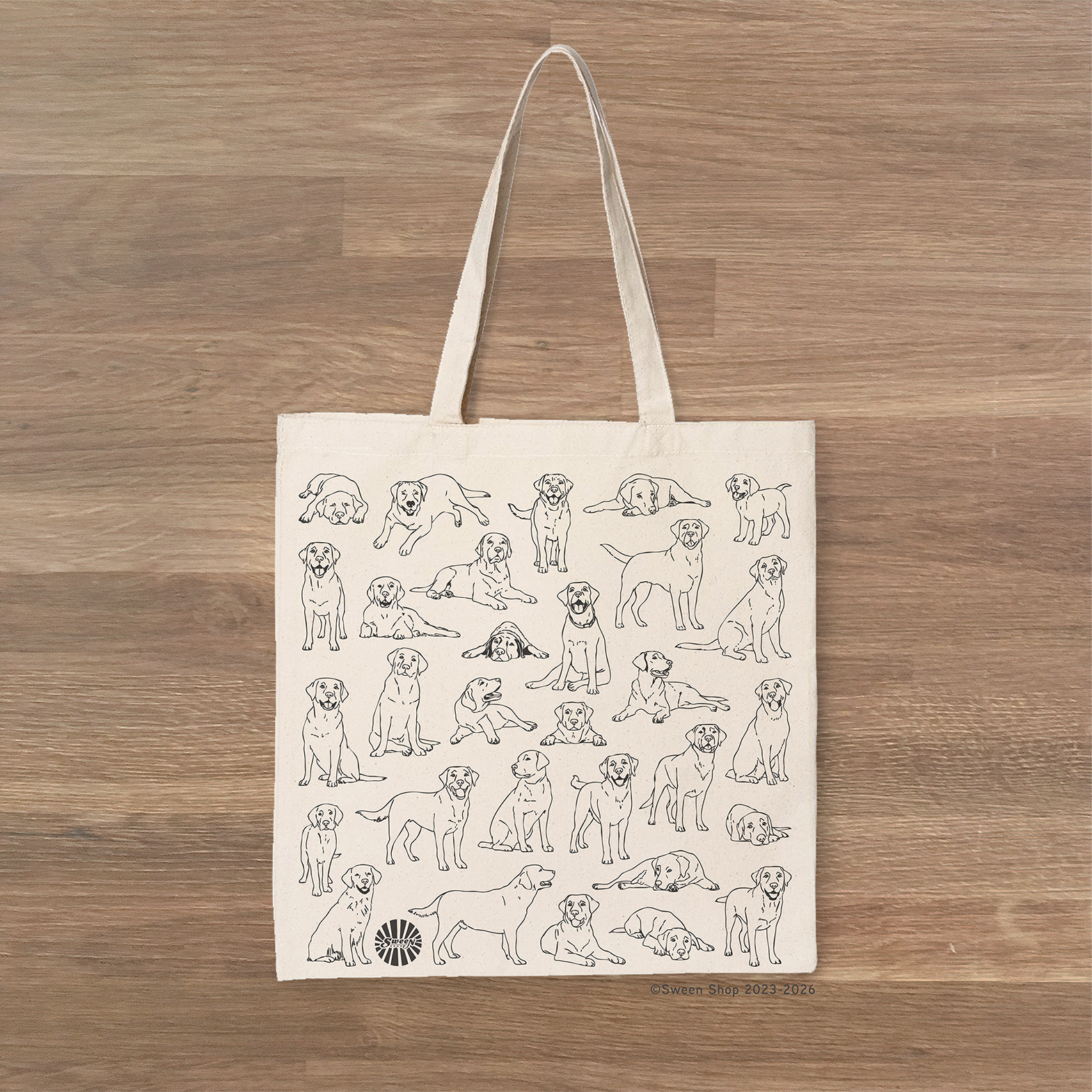natural cotton camvas Tote bag with labrador pet dog illustrations on a wooden surface