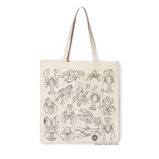 natural cotton canvas tote bag with black line drawing lobster illustrations on a white background