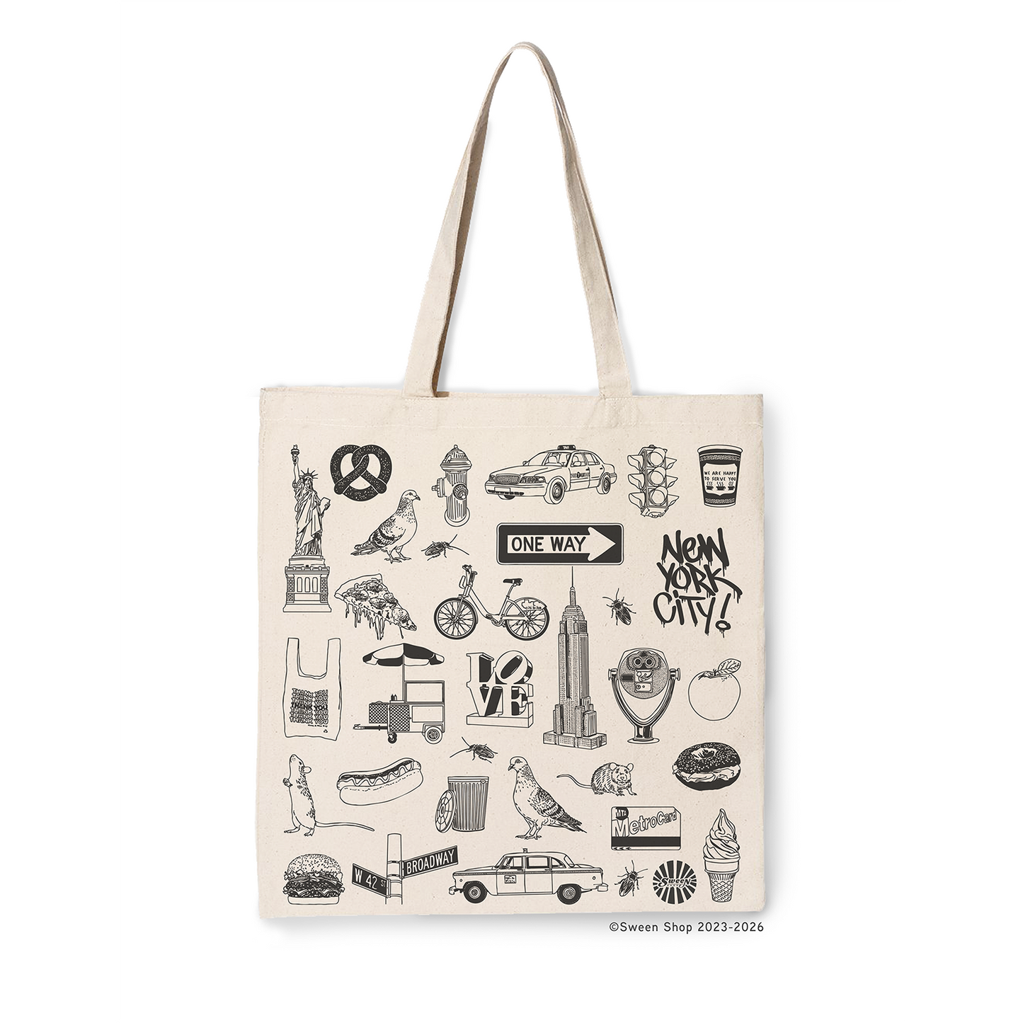 natural cotton canvas Tote bag with New York City-themed illustrations on a white background