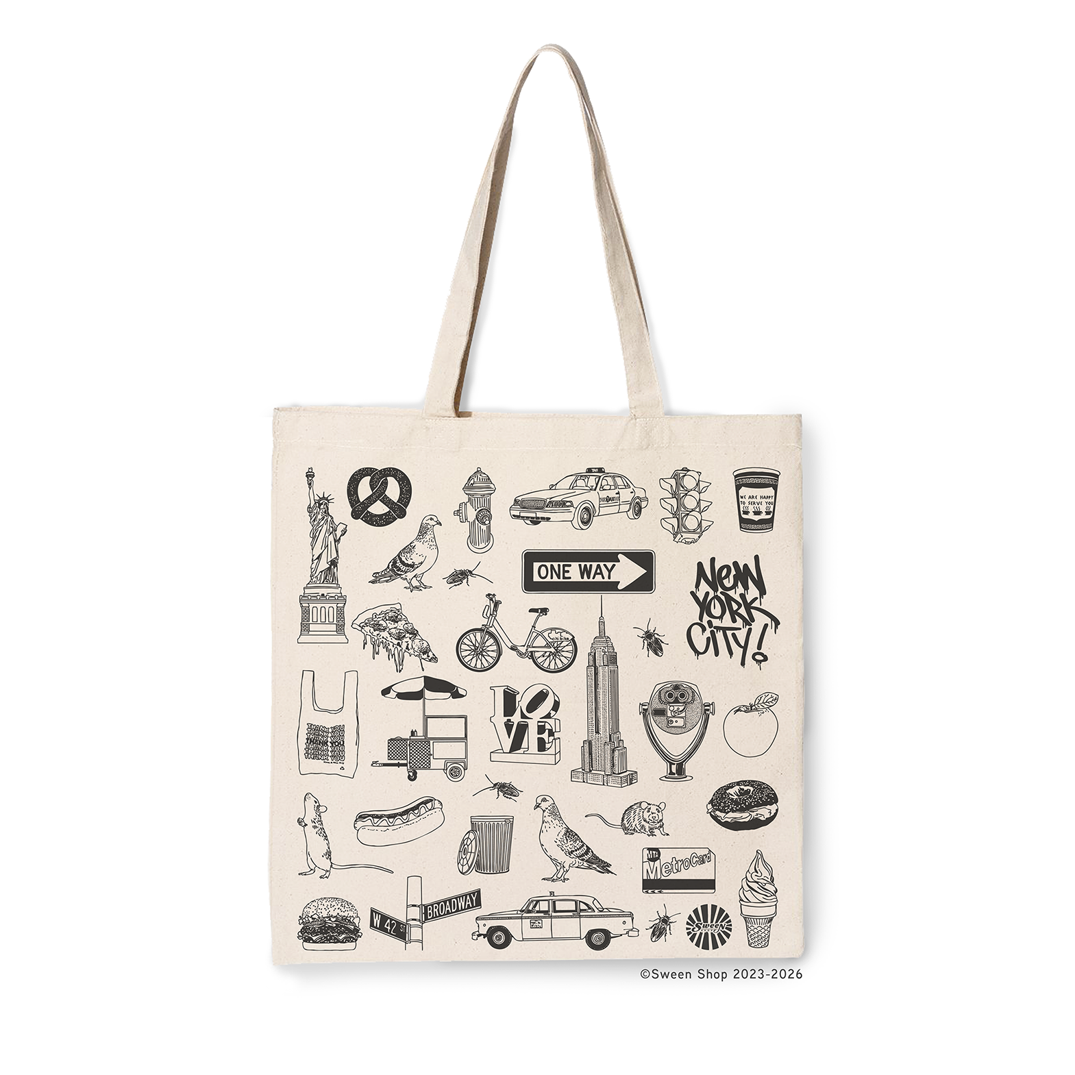 natural cotton canvas Tote bag with New York City-themed illustrations on a white background