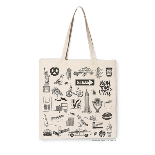 natural cotton canvas Tote bag with New York City-themed illustrations on a white background
