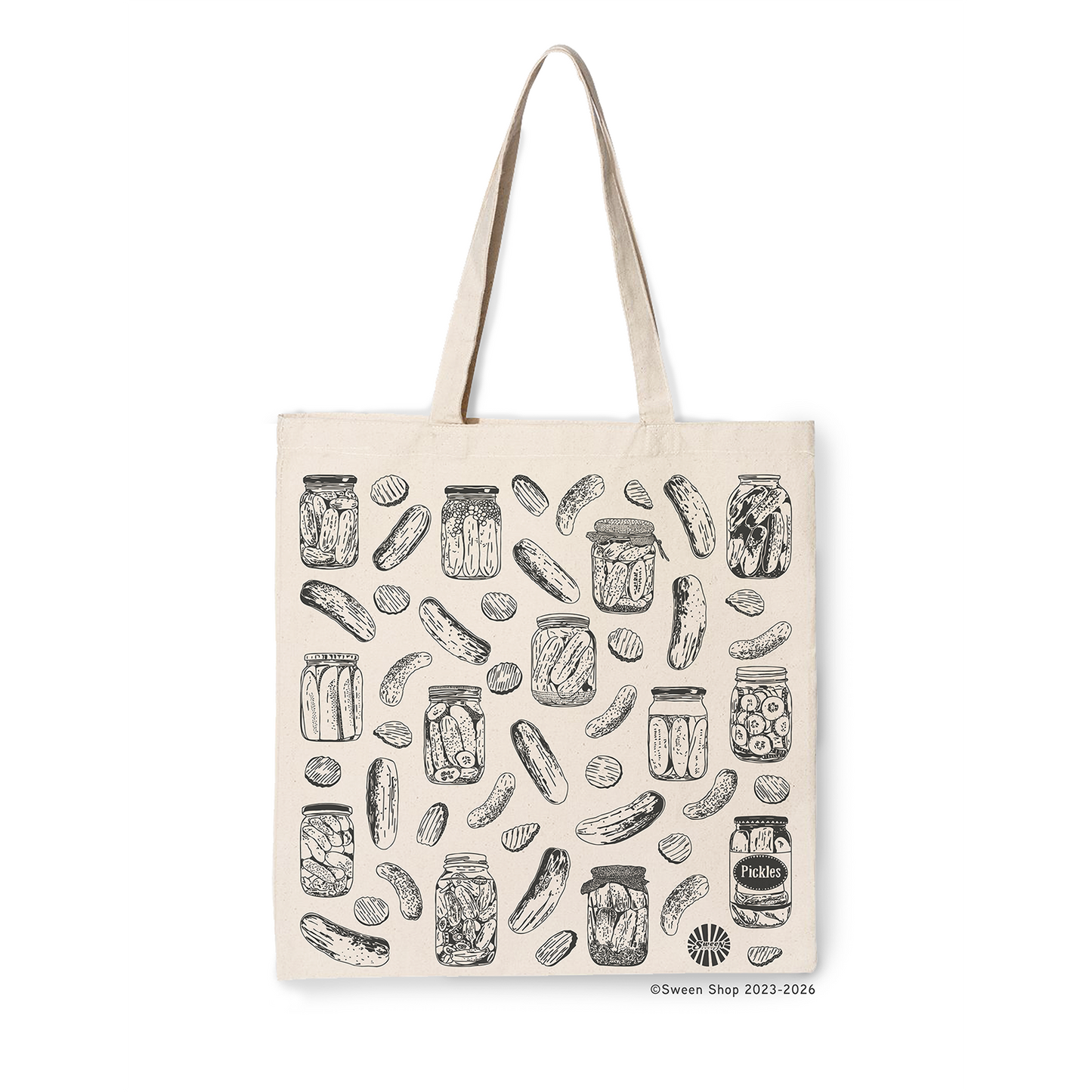 natural cotton canvas Tote bag with hand drawn pickle pattern on a white background
