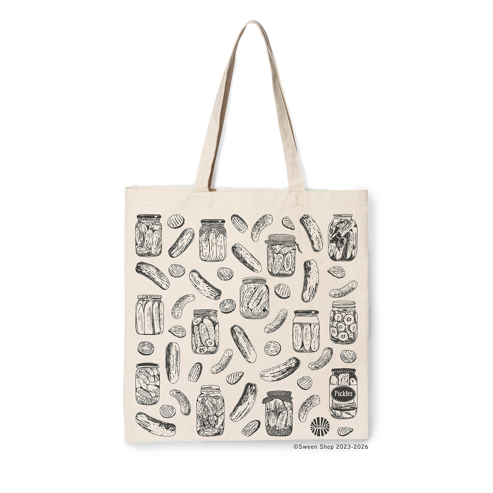 natural cotton canvas Tote bag with hand drawn pickle pattern on a white background
