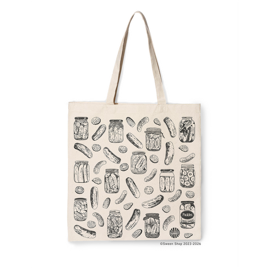 natural cotton canvas Tote bag with hand drawn pickle pattern on a white background