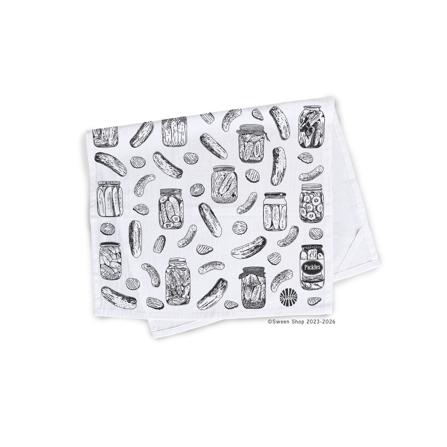 white cotton tea towel with hand drawn pickle jar print