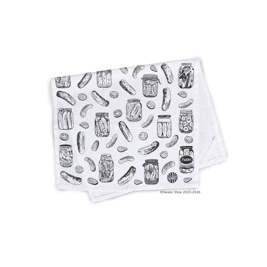 white cotton tea towel with hand drawn pickle jar print