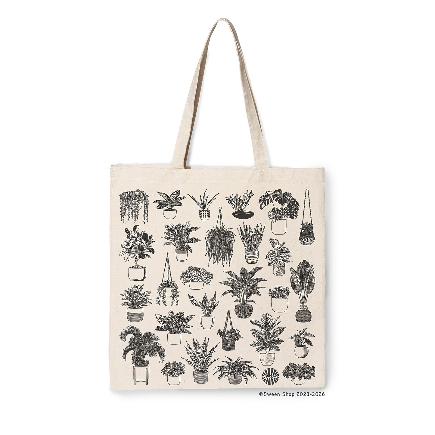 natural cotton canvas Tote bag with black line drawings of house plant illustrations on a white background
