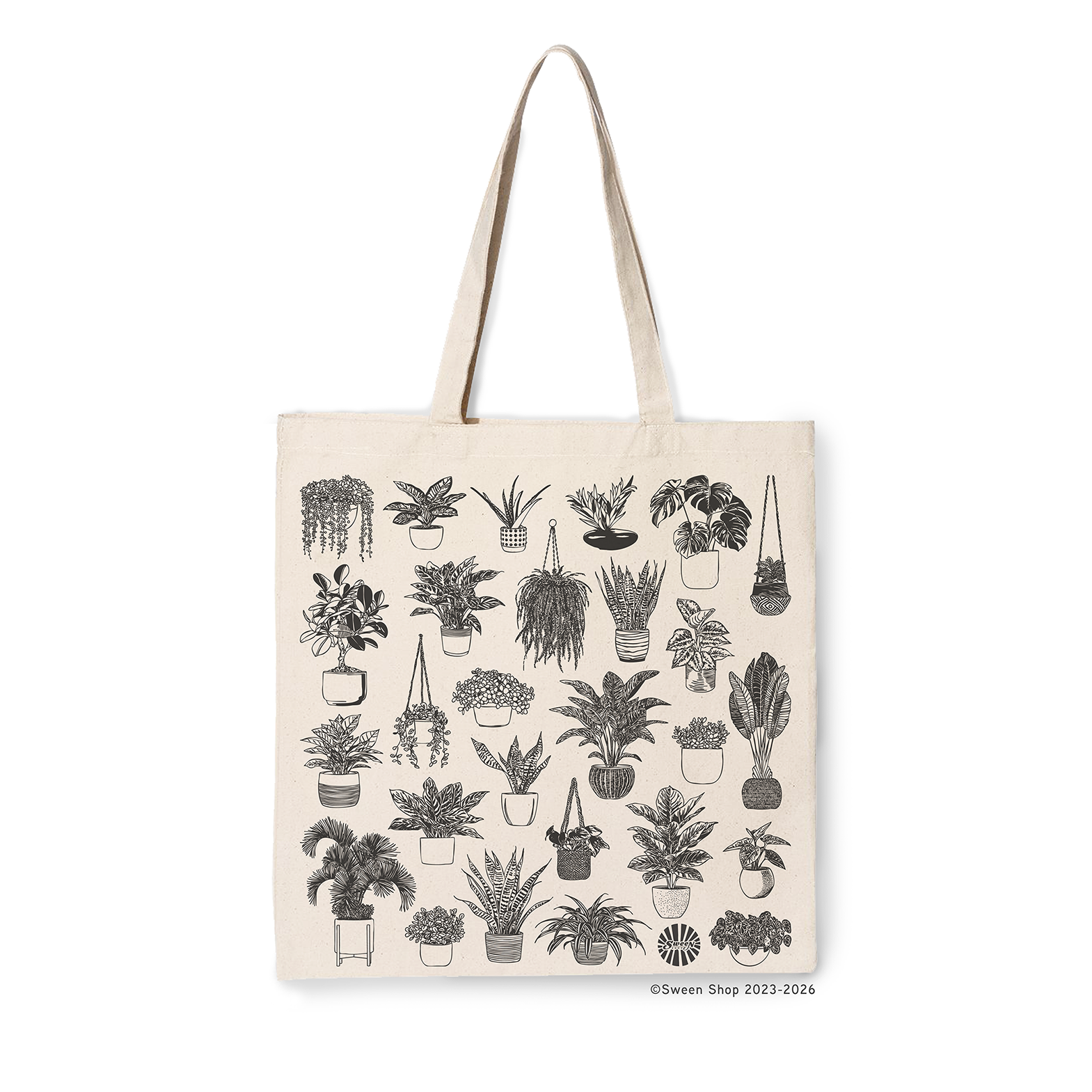 natural cotton canvas Tote bag with black line drawings of house plant illustrations on a white background