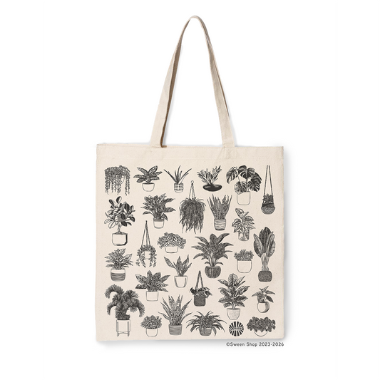 natural cotton canvas Tote bag with black line drawings of house plant illustrations on a white background