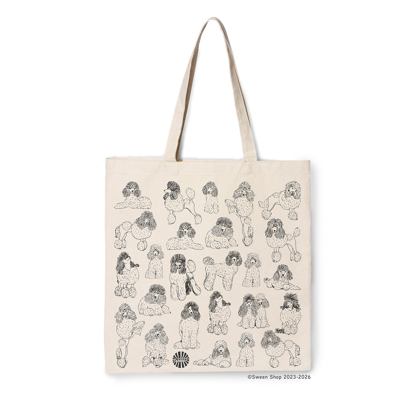 Natural cotton canvas Tote bag with black line drawing illustrations of poodle dogs on a beige background