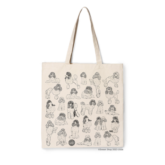 Natural cotton canvas Tote bag with black line drawing illustrations of poodle dogs on a beige background