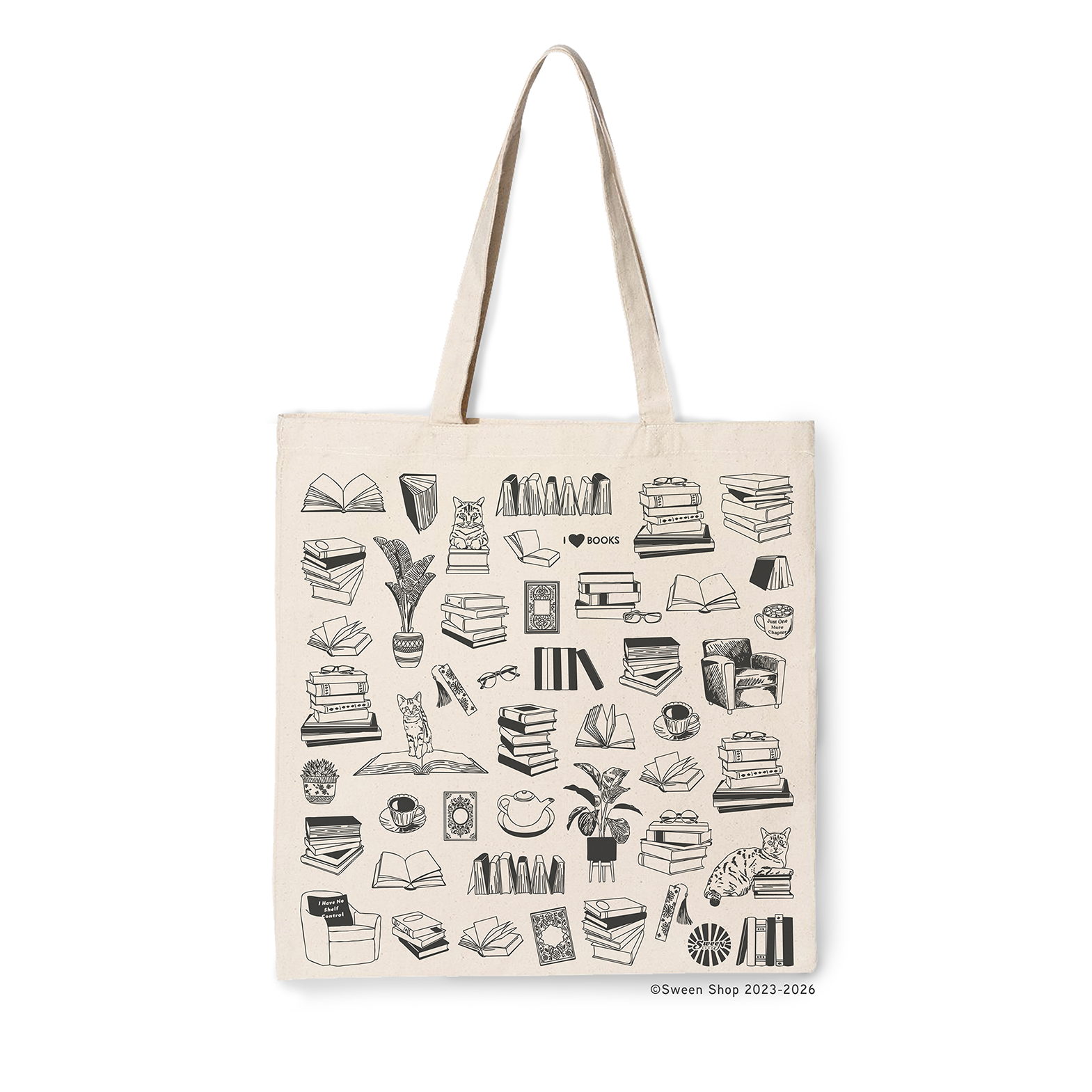 natural cotton canvas tote bag with black line drawing illustrations of books, cats, coffee, and plants on a white background